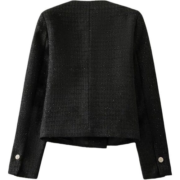 Women Black Floral Tweed Jacket Long Sleeve Round Neck Business Casual Top - Picture 3 of 5